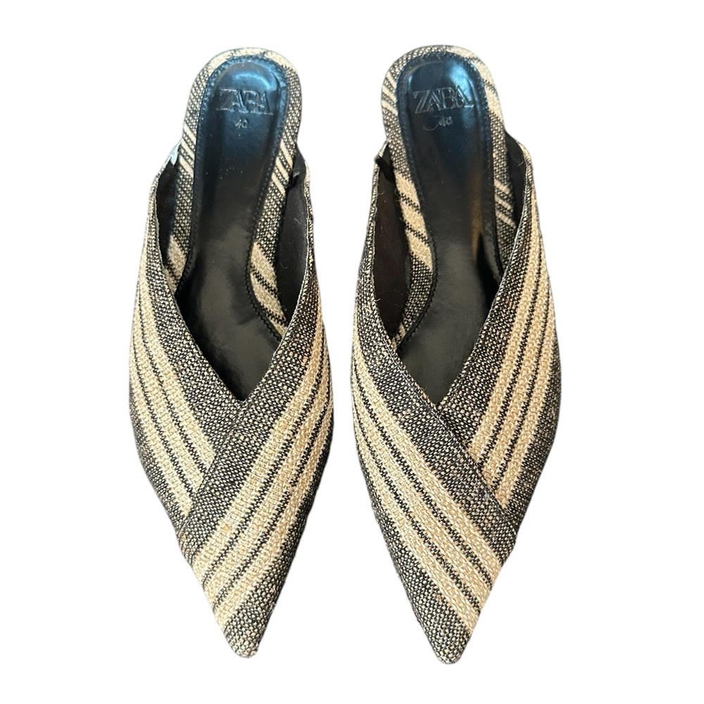 Zara Flat Mules Women's Sz EU 40, Black Ivory Gold Shimmer Striped Pointed Shoes